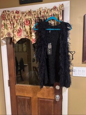 Black Feathered Open-Front Vest